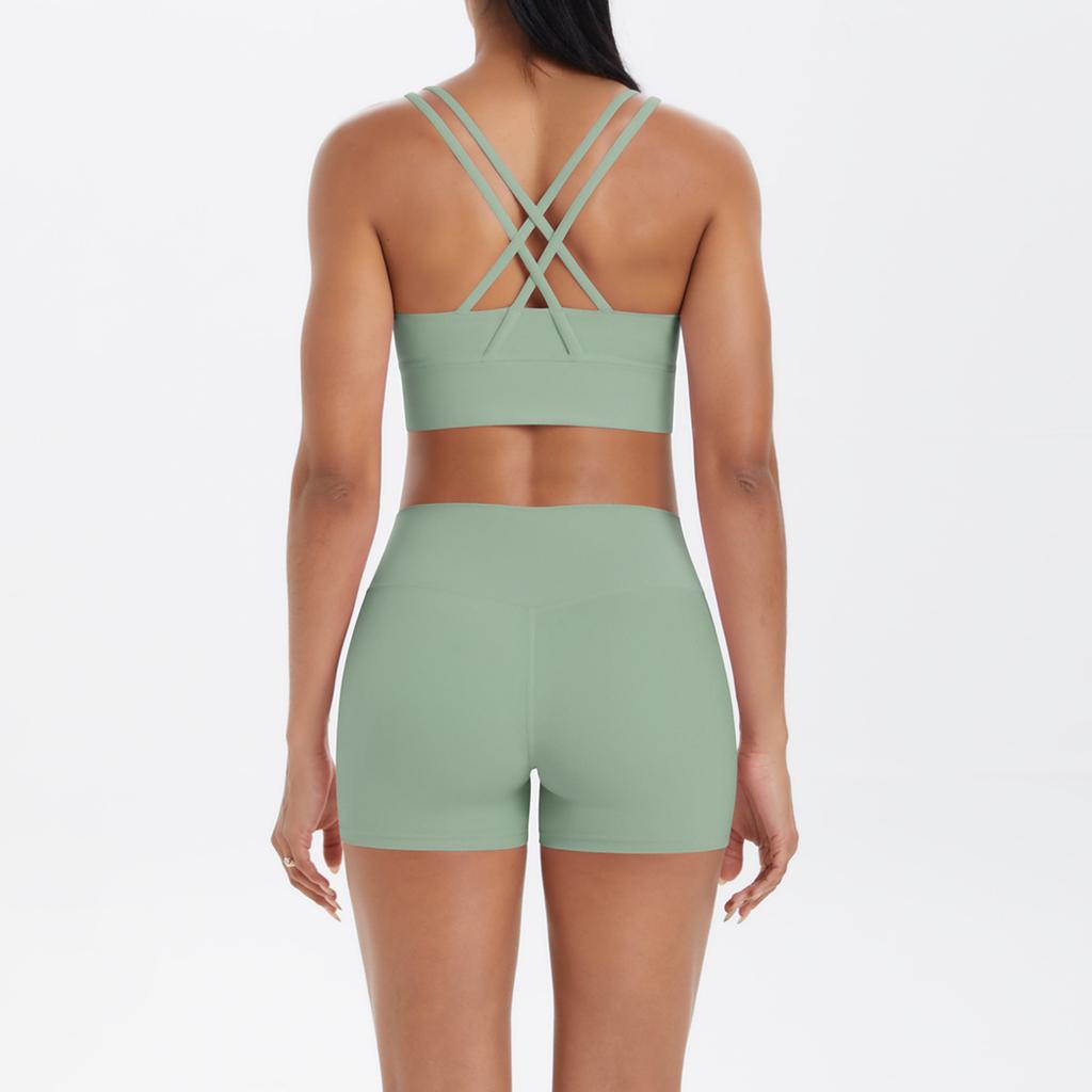 Nude Brushed Cross Back Bra, Casual Sports, Hip Lifting Shorts, Fitness Yoga Suit Two-piece Set