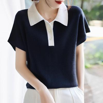 Summer New Fashion Short Sleeve Knitted Women Sweater Turn Down Collar Office Lady Knitted Sweaters Pullovers Women Tops JJ47