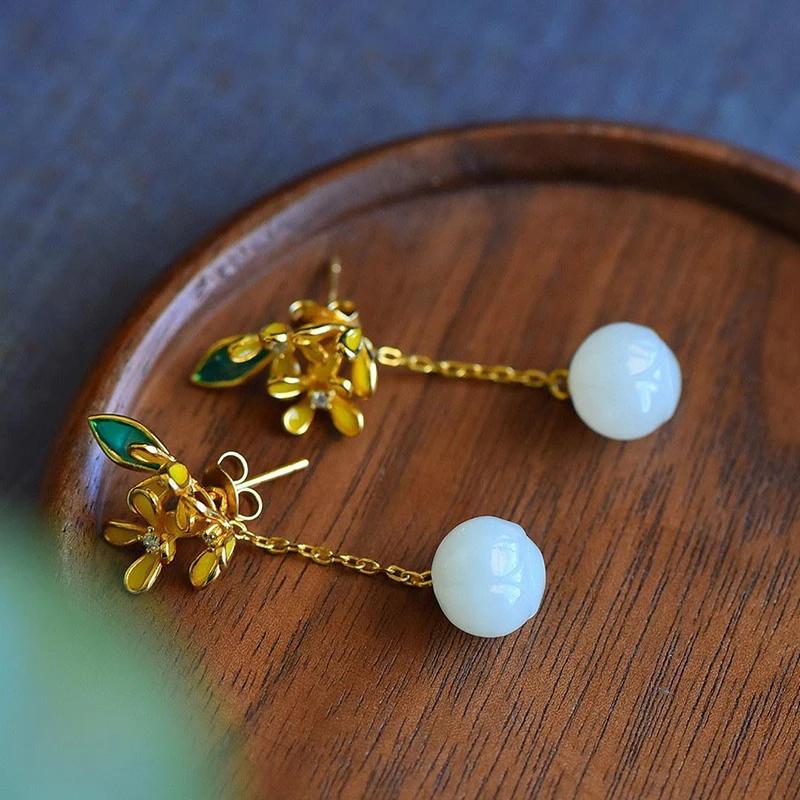 Original Design Inlaid Natural Hetian Jade Osmanthus Long Earrings For Women Chinese Style Classical Exquisite Jewelry