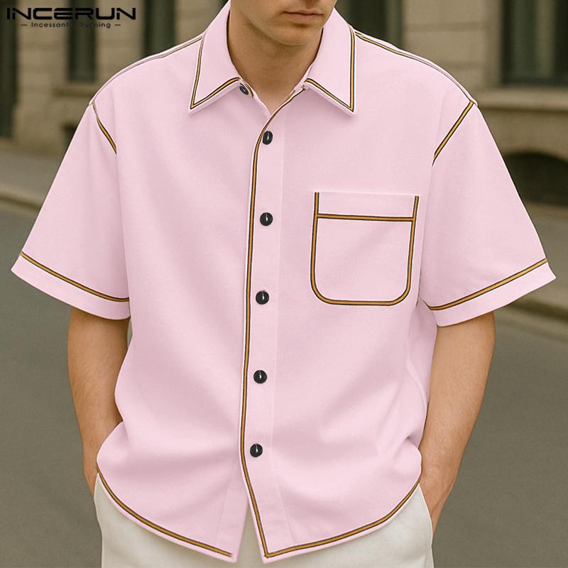 INCERUN Men Lapel Short Sleeve Stitching Buttons Casual Loose Shirts Tops