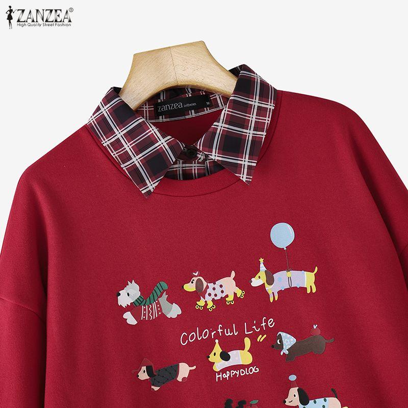 ZANZEA Women Casual Lapel Neck Long Sleeve Print Patchwork Loose Blouse