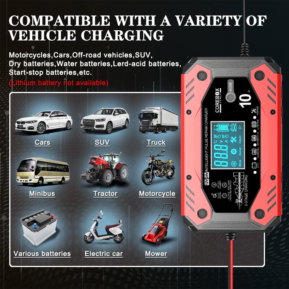 Car and Motorcycle Battery Charging Devices Automotive Battery Charger AGM Intelligent Maintenance of Lead Acid Battery 12V 10A
