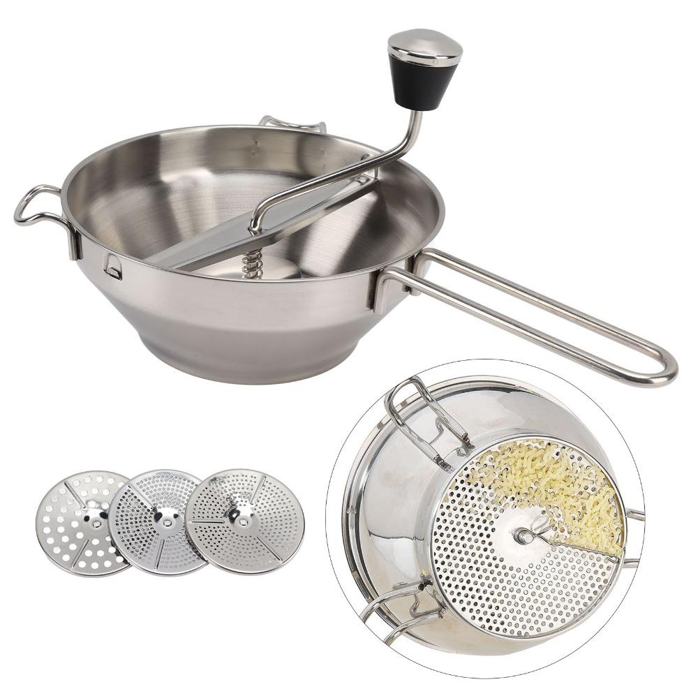 Stainless Steel Bowl Food Mill Ergonomic Handle 3 Interchangeable Disks Potato Ricer Multifunctional Easy Clean Manual Food Mill