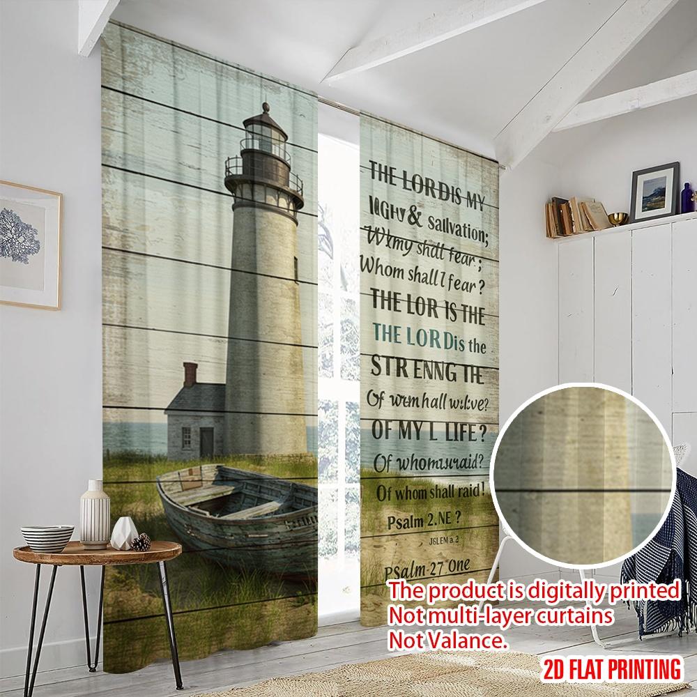 2pcs 2D flat printing Scene Curtain Lighthouse Ocean Psalm Fear Polyester Without Electricity Festive Holiday Perfect for