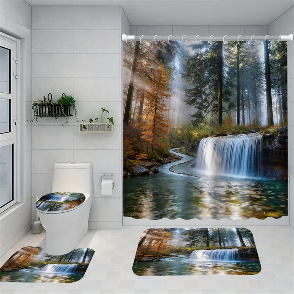 1/4 Forest Waterfalls  Print Shower Curtains, Toilet Seat Decoration, Shower Curtain with Carpet and Toilet Lid, 70.8x70.8 Inch