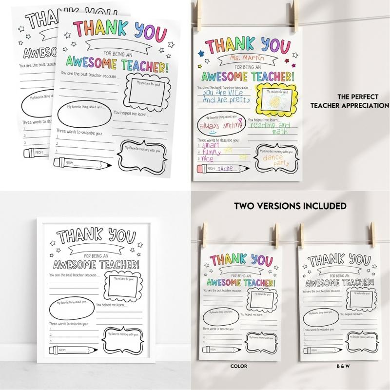 Pack of 2 Teacher Appreciation Coloring Posters With Customizable Sections For Classroom Activities Students Craft Gift Ideas
