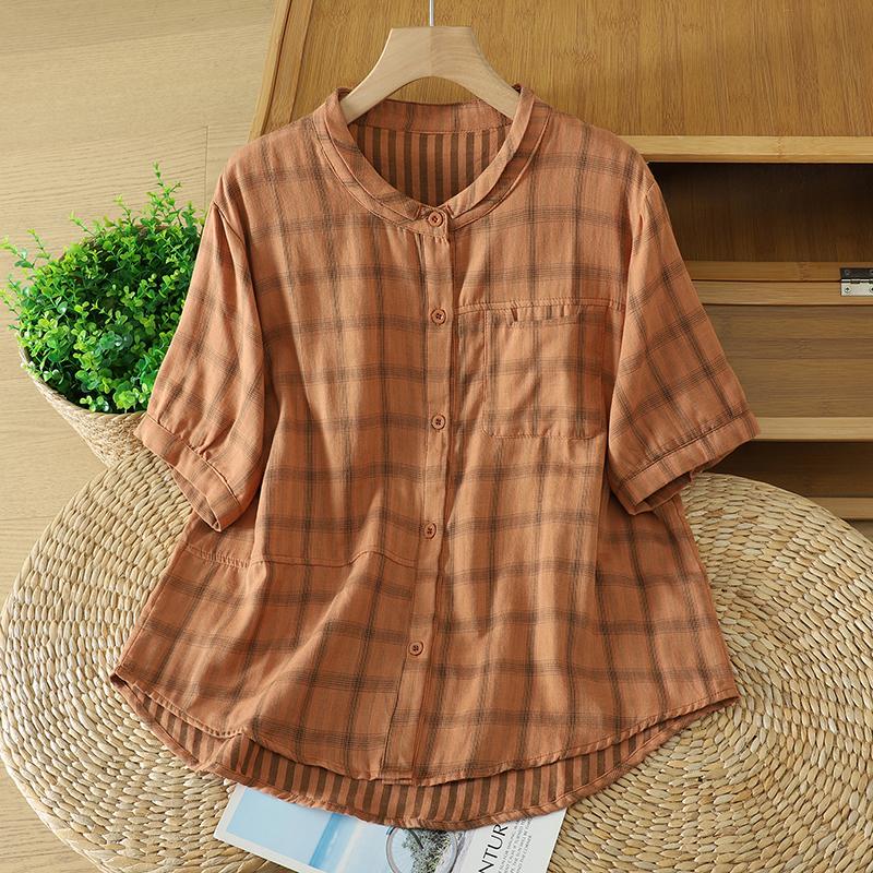 DIMANAF 2026 Plus Size Summer Women Blouse Shirts Tunic Oversize Loose Casual Cotton Lady Tops Vintage Plaid