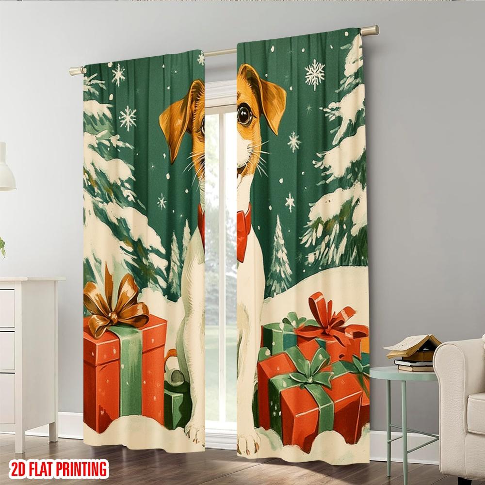 2pcs,2D Plane Printing Window Curtain Cute Dog Christmas Gifts Polyester Woven (without Rod) Holiday for Bedroom, Living Room,