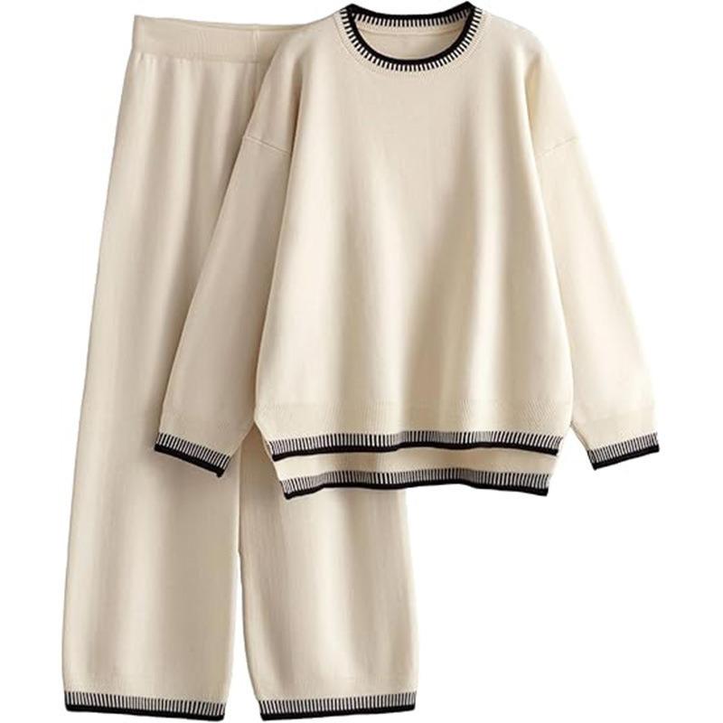 Casual Style Top Wide-leg Pants Women's Two-piece Set Autumn and Winter Large-size Knitted Sweater Women