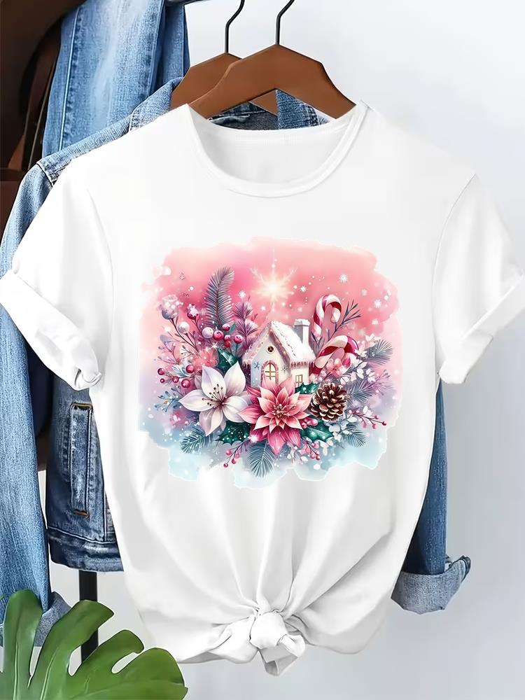 (Asian Size) letter style  Short Sleeve T-shirts  Merry Christmas Women's Top O-neck T Shirt Print  Fashion Casual New Year Clothing Graphic Tee