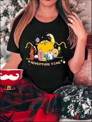 Adventure Time Cartoon Character Print Casual T-Shirt for Women Knit Polyester Fabric with Spandex Crew Neck Short Sleeve