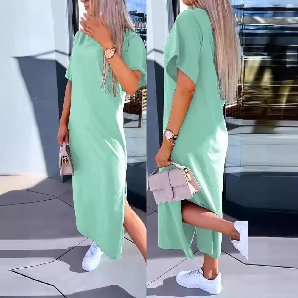 2024 Summer Women's Solid Color Short Sleeve Round Neck Slit Hem Dress