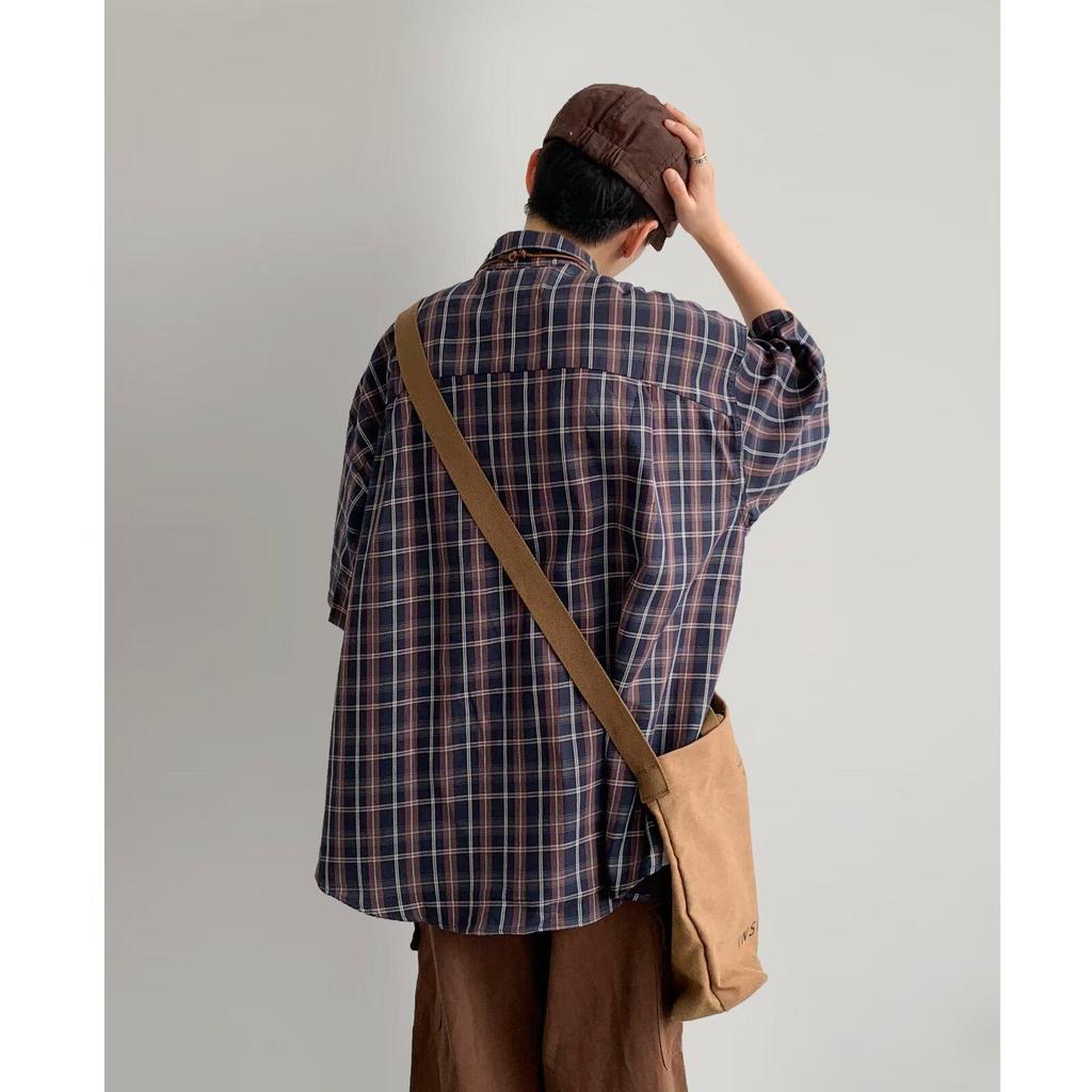 Men's Classic Japanese Retro Plaid Shirt - Short Sleeve, Loose Fit, Casual Summer Jacket.