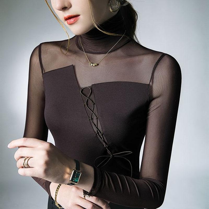 

Autumn Mesh Slightly Transparent Sexy Strap Splice Fashion Style High Neck Long Sleeve Versatile Trendy Women s Shirt XL кофейный