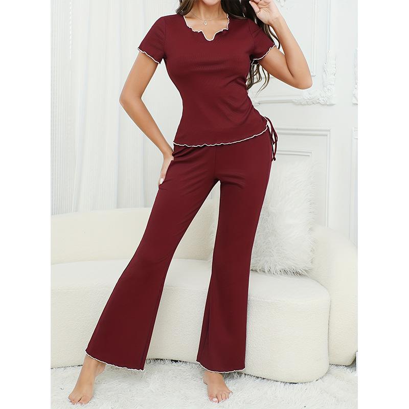 2025 Women s Summer Ribbed Pajama Set – Short Sleeve Top & Long Pants, Comfortable & Casual Homewear Small