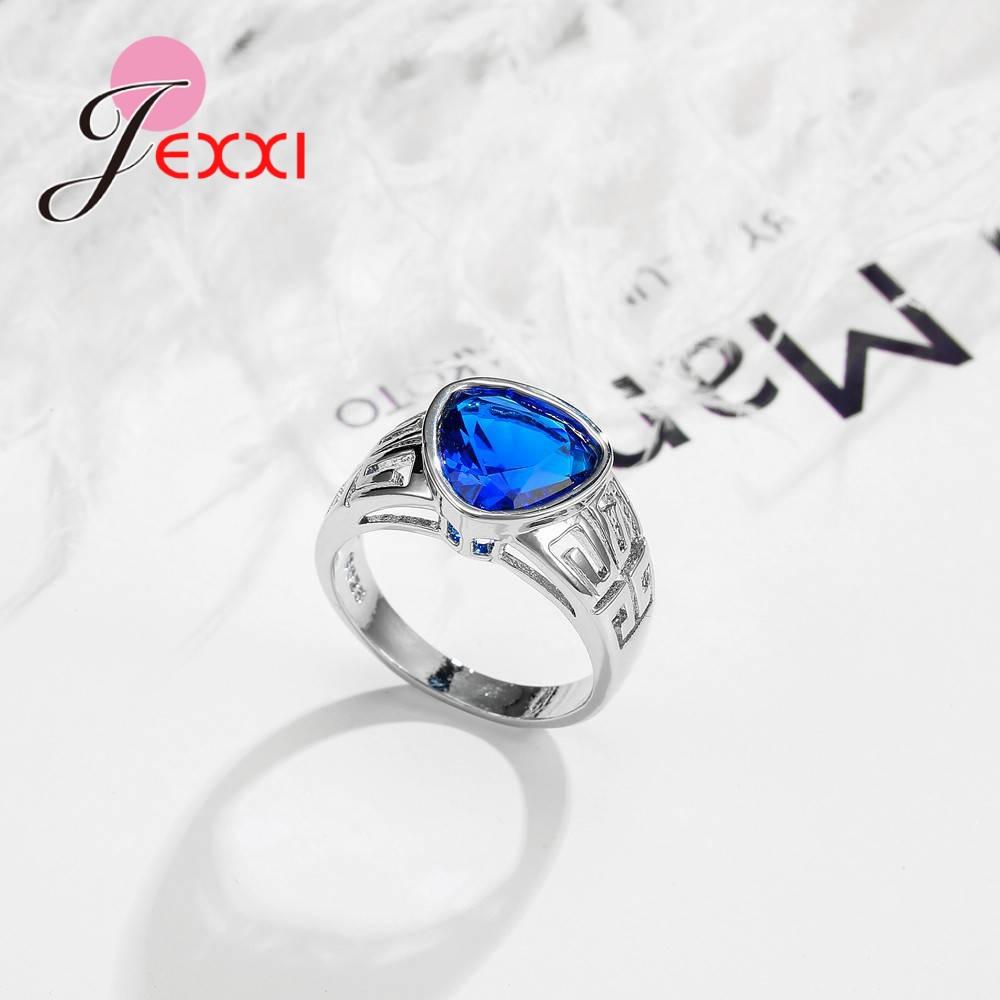 Party Jewelry Delicate 925 Sterling Silver Ring Lovely Triangle Shape Blue Crystal Inlaid Women Girl Engagement Jewelry