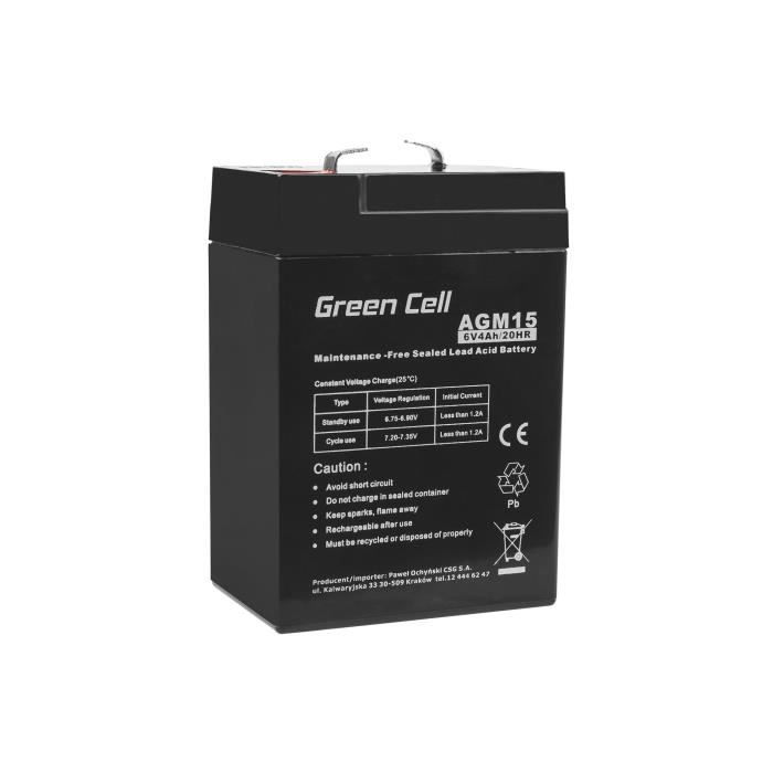 Batterie AGM 6V 4Ah - Green Cell - F1 - Sécurité anti-fuite - Entretien gratuit - Idéale pour UPS
