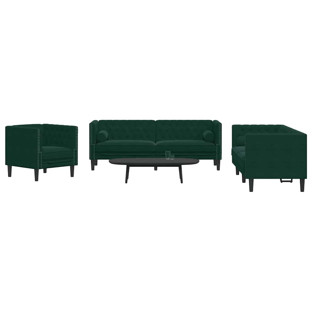 3 Piece Chesterfield Sofa Set with Neck Pillows Dark Green Velvet