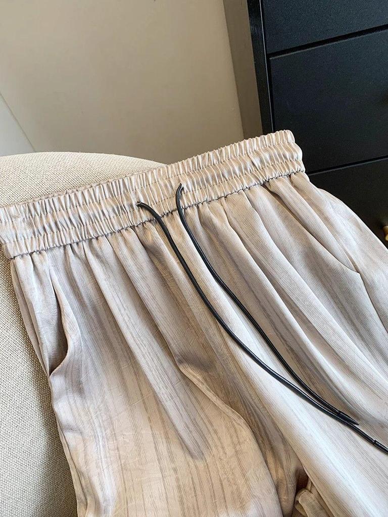 Women's Summer Satin Wide-Leg Ink Wash Pants – Casual, Floor-Length, Lazy Style