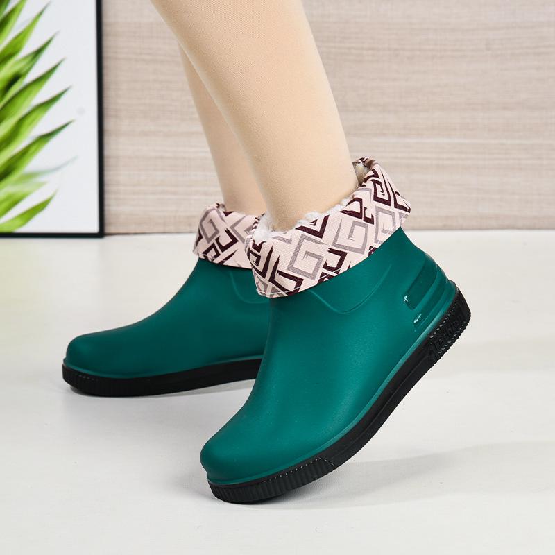 New Waterproof Shoes Female Student Rain Shoes Low-top Short Tube Fashion Plastic Shoes Non-slip Warm Velvet Cotton Cover Shoes