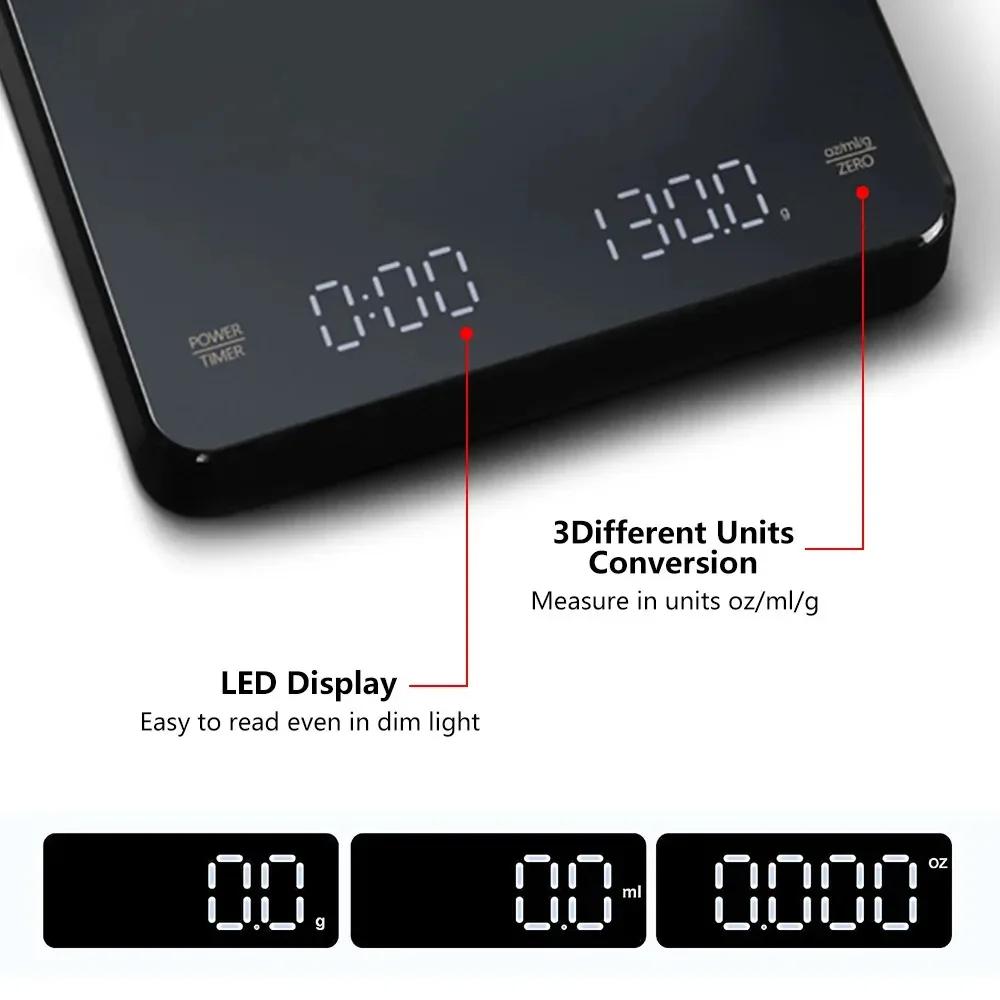 Digital Rechargable Coffee Scale with Timer LED Screen Espresso USB 3kg Max.Weighing 0.1g High Precision Measures Kitchen Scale