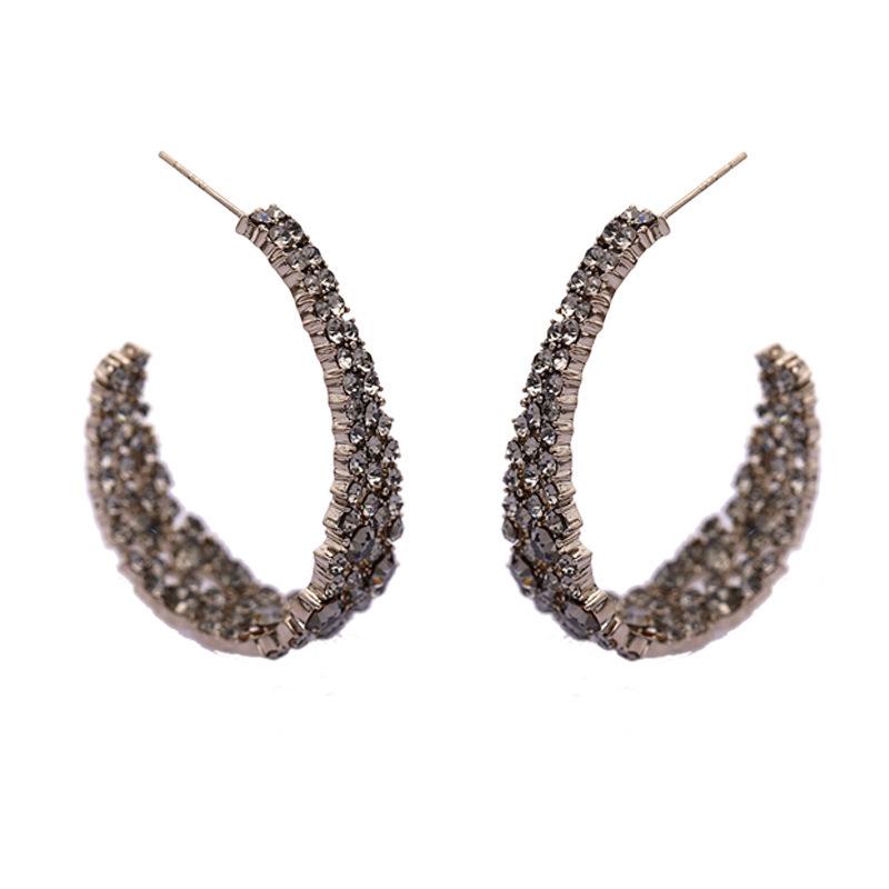 1PAIR French High-end Hollow Full Diamond Retro Earrings Design Sense Personality Temperament Geometric C-shaped Earrings