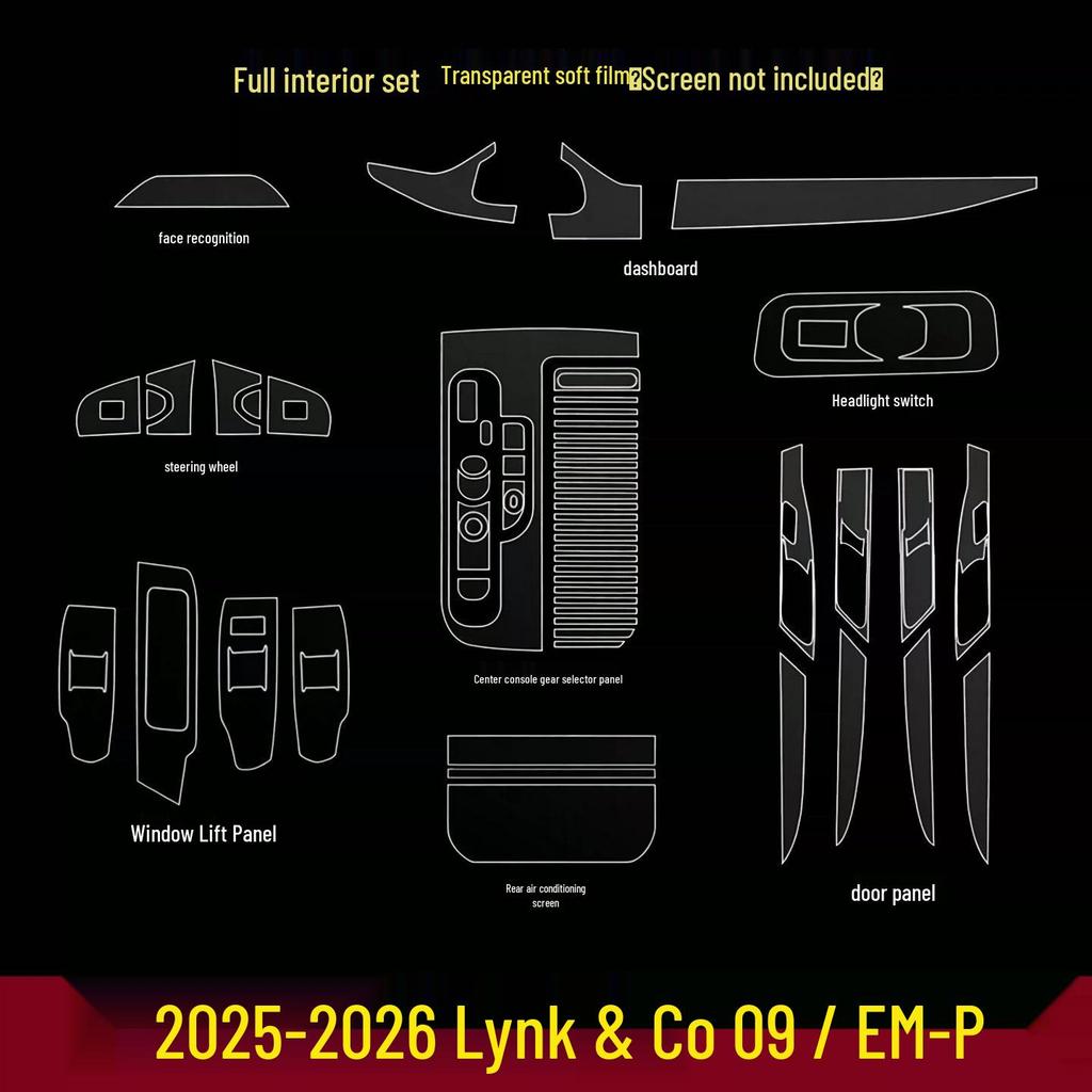 Lynk & Co 09 EMP Interior Protective Film for 2025-26: Center Console, Gear Shift, Navigation Screen, Dashboard - Anti-Scratch TPU