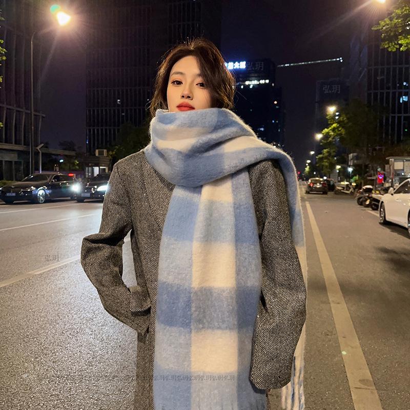 Men's and Women's Autumn and Winter Scarf Fashionable Warm Rainbow Plaid Shawl Tassel Thickened Mohair Scarf