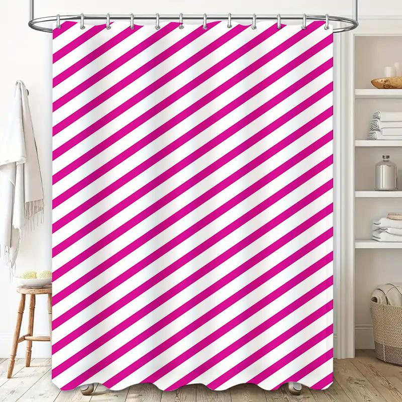 Pink and White Striped Shower Curtain Waterproof Fabric Bathroom Decor Hanging Accessory for Bathtub or Toilet Area One Size (W1