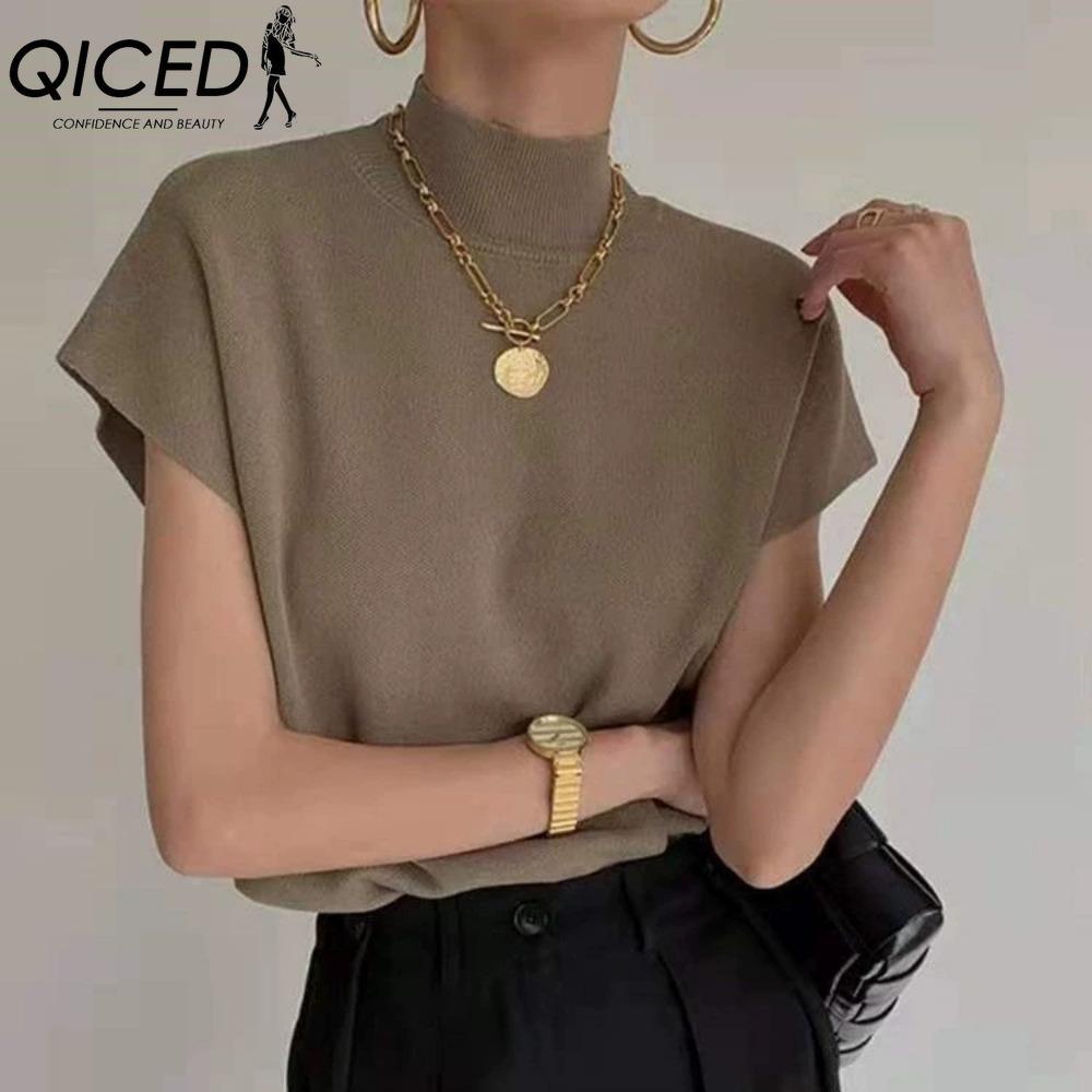 QICED Women's Fashion Casual Solid Color Print Short Sleeve Blouses & Shirts