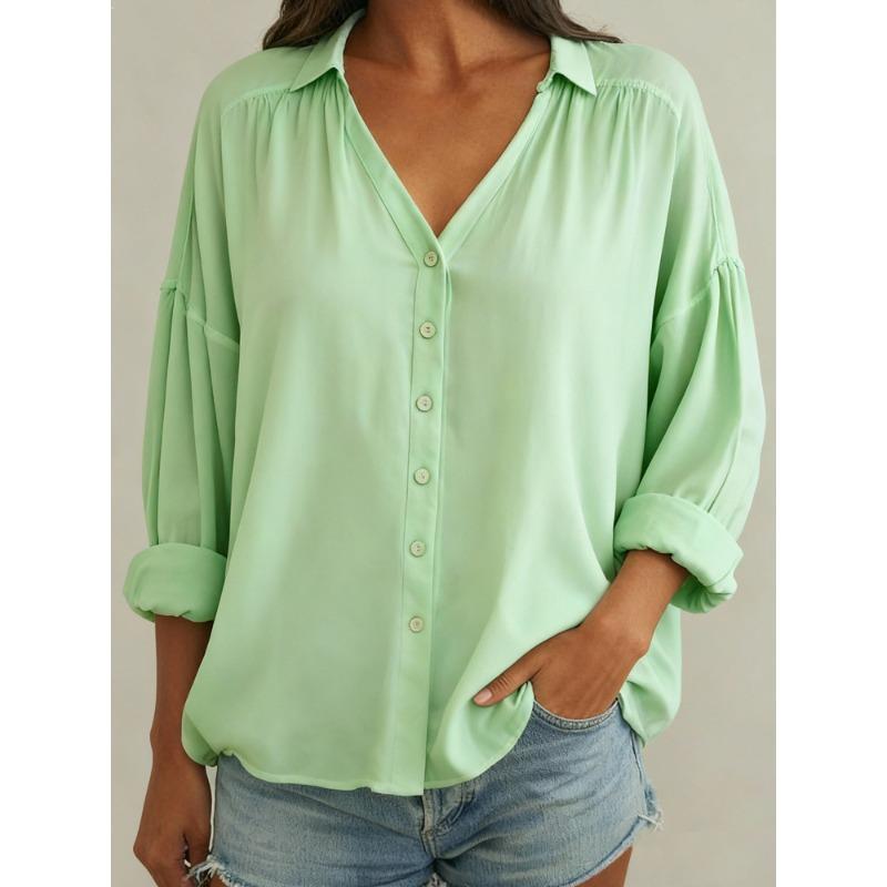JPNTKY Women's Fashion Casual Solid Color Print Long Sleeve V Neck Blouses & Shirts