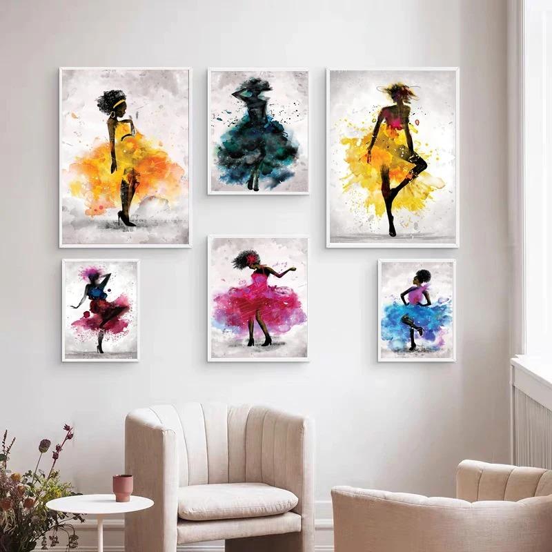 Nordic Black Woman Dancing Poster Abstract Watercolor Canvas Wall Art Decorative Paintings Prints Picture Living Room Home Decor