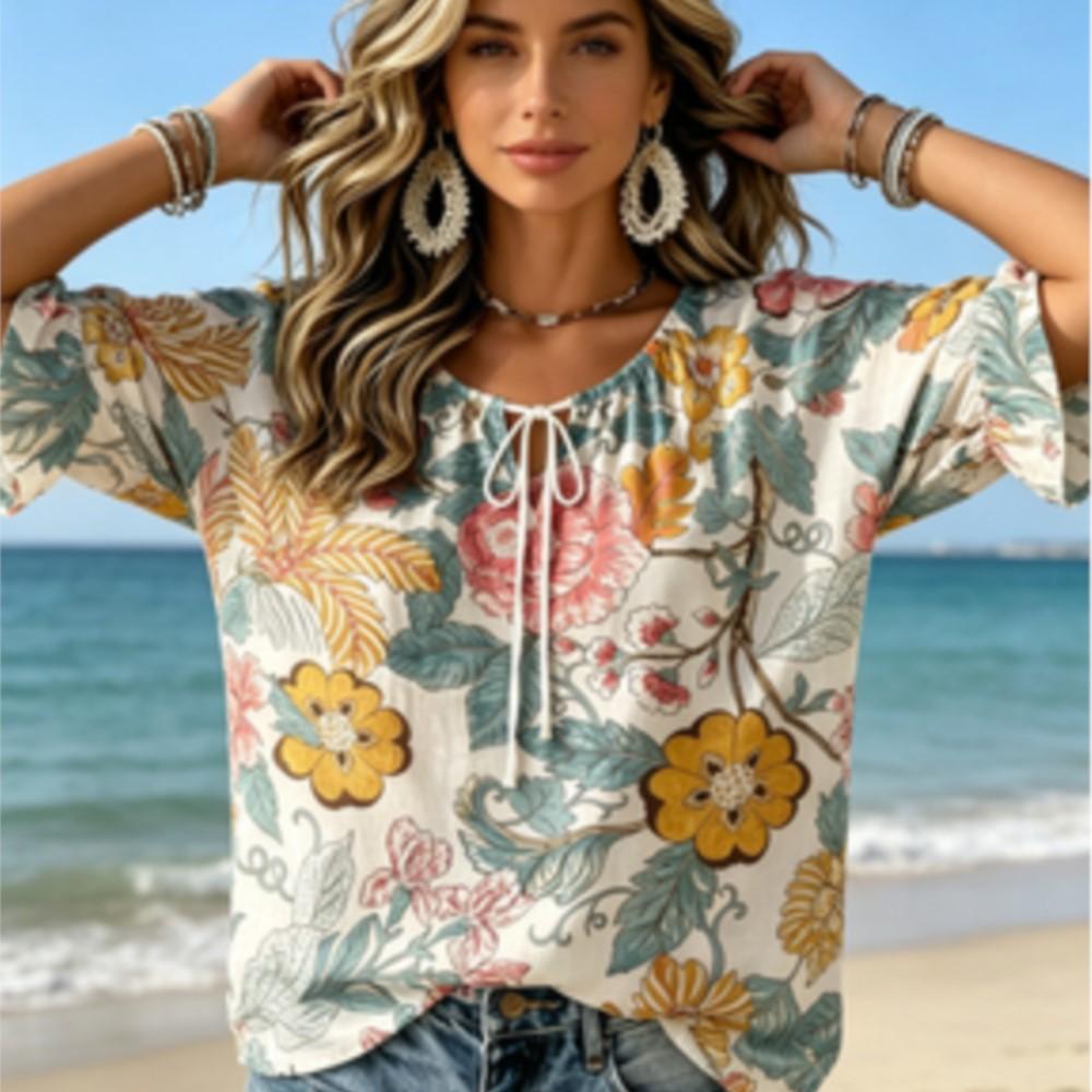 Women's Vintage Big Floral Leaf Print Tie Neck Ruffle Cuff 3/4 Sleeve Soft Flowery Loose Blouse