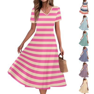 Vestido Feminino de Verão Casual Moda Estampado Bolso Manga Curta Decote V Soltinho