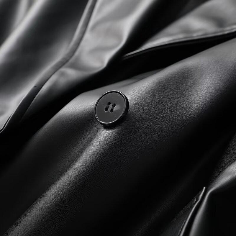 Automne/Hiver 2024 Manteau Trench Mi-Long en Cuir pour Femme avec Revers et Ceinture