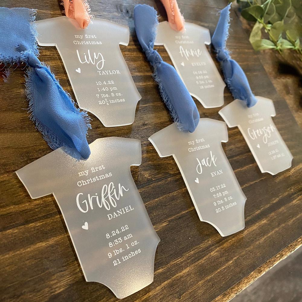 Frosted Acrylic Baby's First Christmas Onesie Ornament Blanks,Newborn Birth Announcement Decoration,Stocking Name Tag,Gift Tag