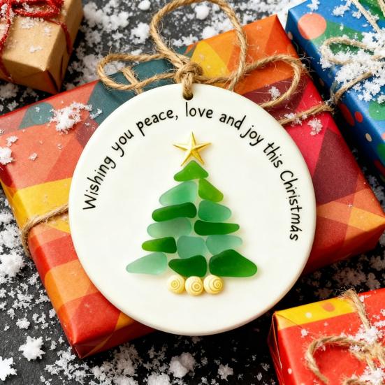 Yousheng Sea Glass Christmas Tree Ornament Coastal Christmas Tree Pendants Handcarfted Sea Glass Art Christmas Decoration for Holiday Home Decor