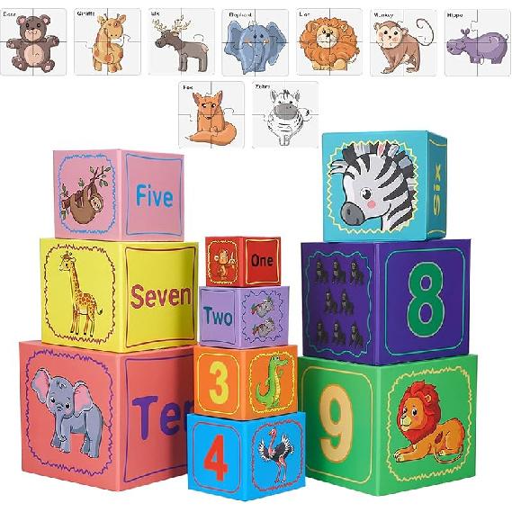 Nesting and Stacking Blocks Stacking Toys for Toddlers Plus Animal Puzzle Toys Set Alphabet ABC Blocks Sorting & Stacking Educational Toys Montessori