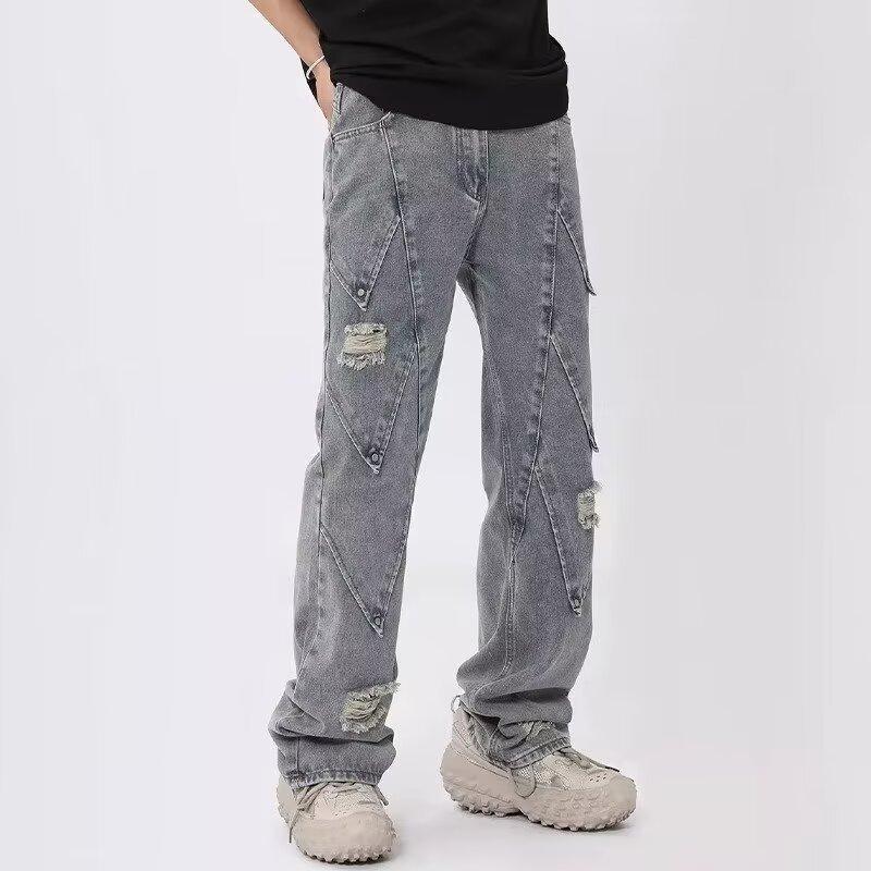 JYL Mens Jeans Plaid Elastic Waist Teen Loose Wide Leg Straight Denim