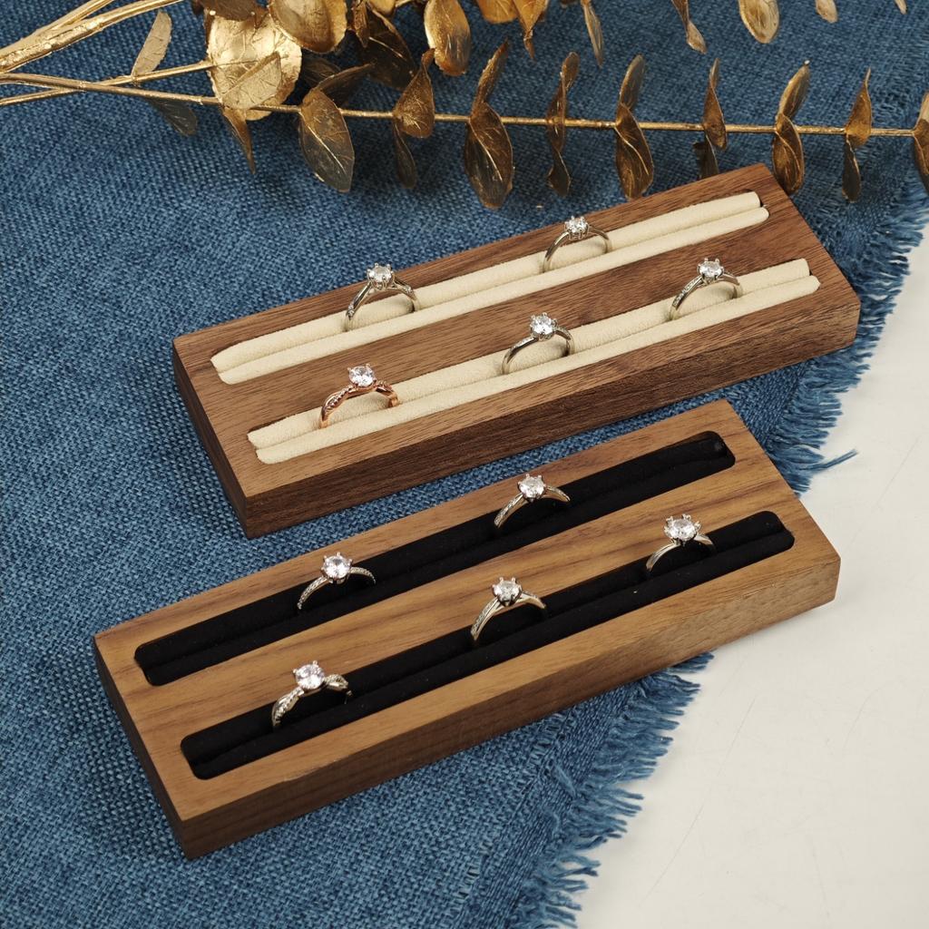 HeMu walnut double-slot ring display stand jewelry storage plate counter jewelry ornaments props solid wood ring display stand