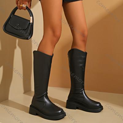 Comemore Long Boots Women's Autumn Winter Shoes Round Head High Heel Back Zipper Soft Leather Female Knee High Botas