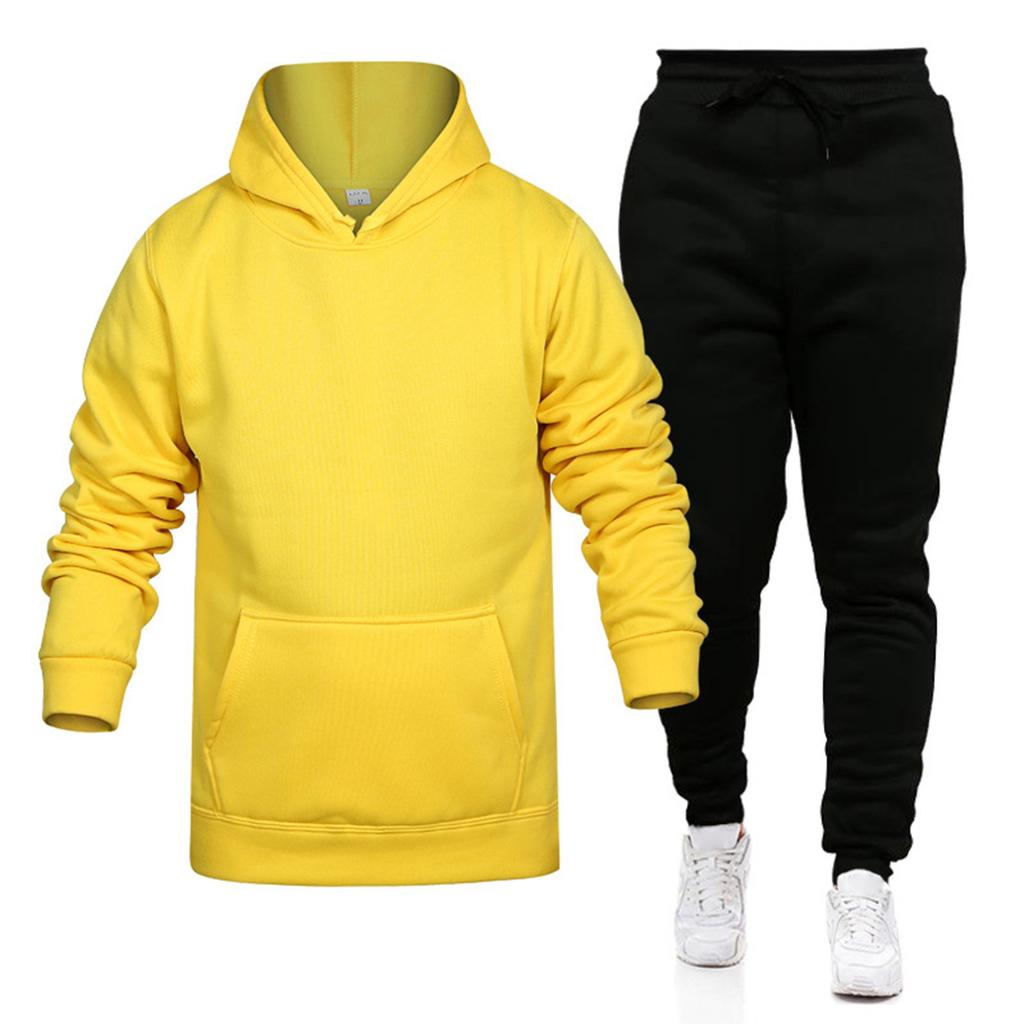 Men's Winter Solid Color Long-Sleeved Hooded Drawstring Sweatshirt And Sweatpants Suit