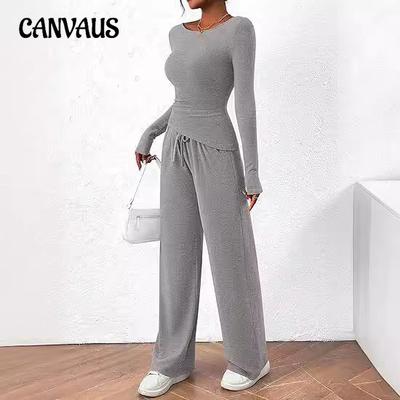 Outono Plus Size Casual Terno Assimétrico Manga Longa Blusa Calças Perna Larga Terno Casual Wear Sportswear