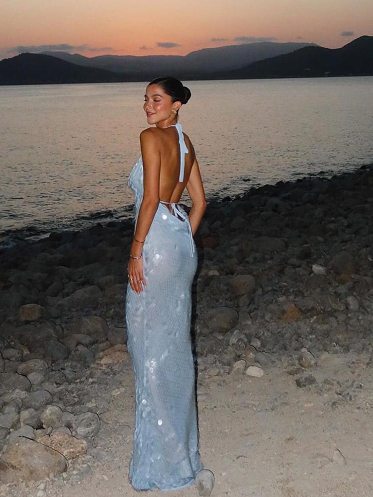 Elegantní flitrové společenské šaty bez zad pro ženy, plisé, šněrovací modré maxi večerní šaty, letní dámské tenké róby