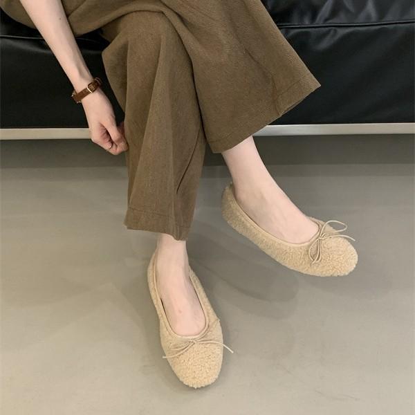 2025 höst och vinter nya ullskor dam lammull rosett låg skärning sammet mormorsskor enkla skor