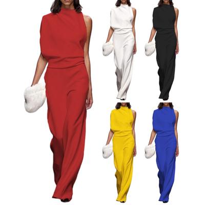 One Piece Jumpsuits for Women Casual Sleeveless Mock Neck Wide Leg Rompers Summer Ruched Vacation Outfits with Pockets