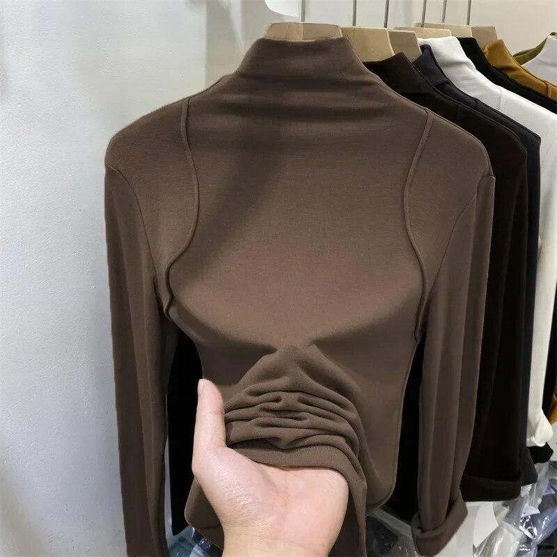 Autumn Winter Fashion Long Sleeve Half High Collar Underlay Top Korean Cotton Solid T-shirt Womens Slim Fit Clothes 30074