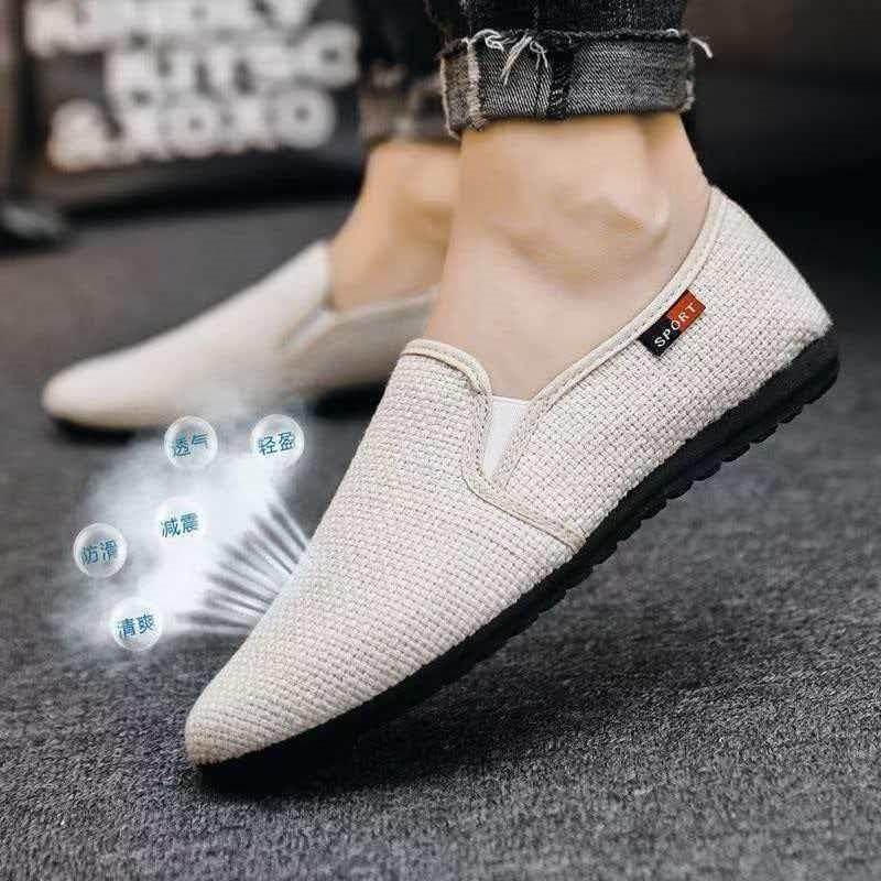 One-pedal lazy shoes men s casual Doudou shoes trendy breathable linen canvas shoes men s cloth shoes 39