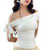 2025 Dames Zomer Ins Stijl Nieuwe Geplooide One-Shoulder Crop Top met Ruggengraat Vetersluiting Asymmetrisch T-shirt Casual Top