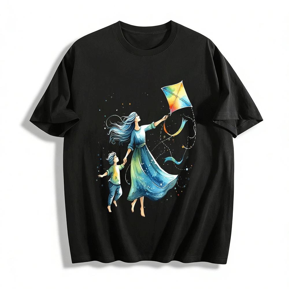 Watercolor Parent-Child Kite Flying Print Casual Top Pure cotton T-shirt XXS